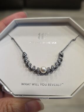 Cultured Pearl and Crystal Spiral Necklace - Silver Tone